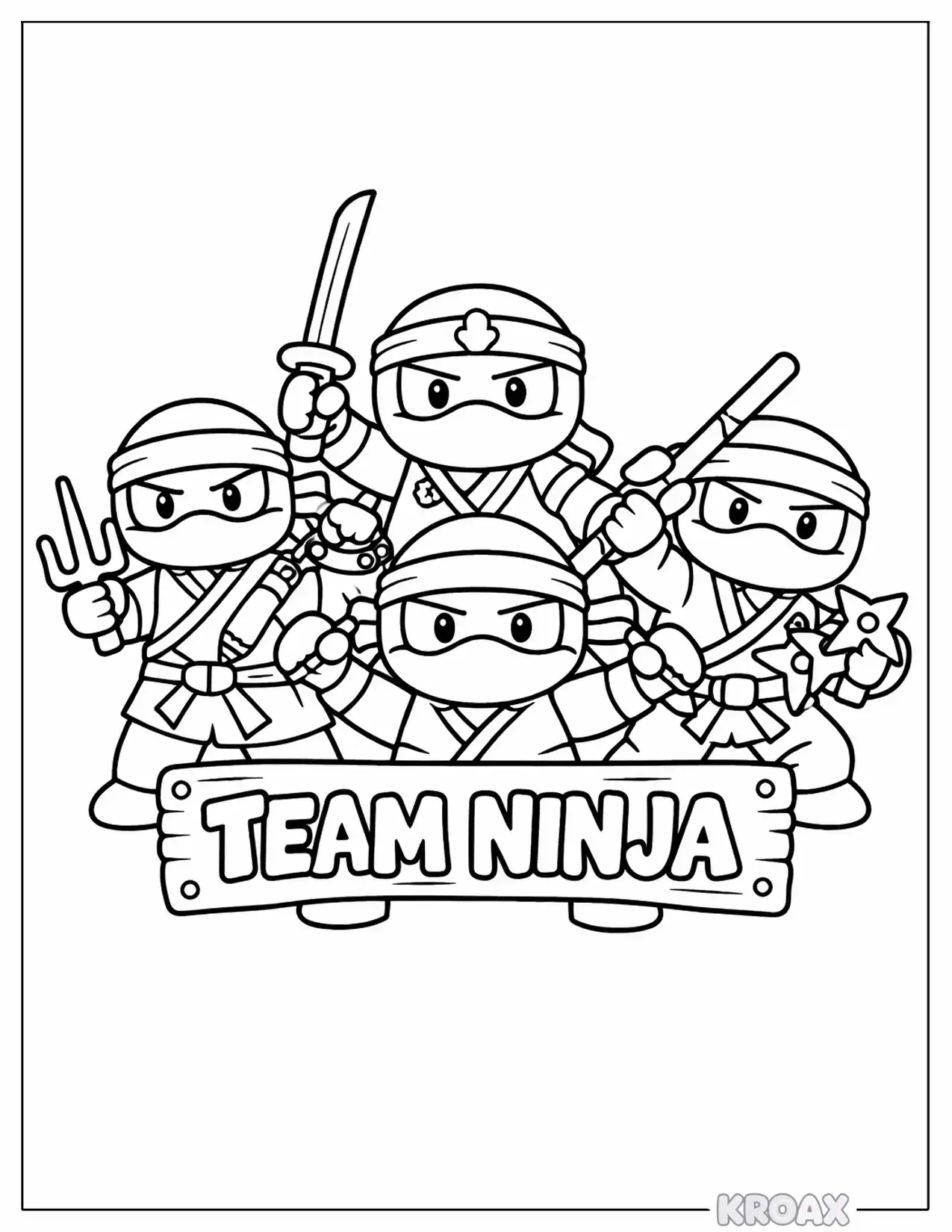cute ninja characters team together printable coloring page