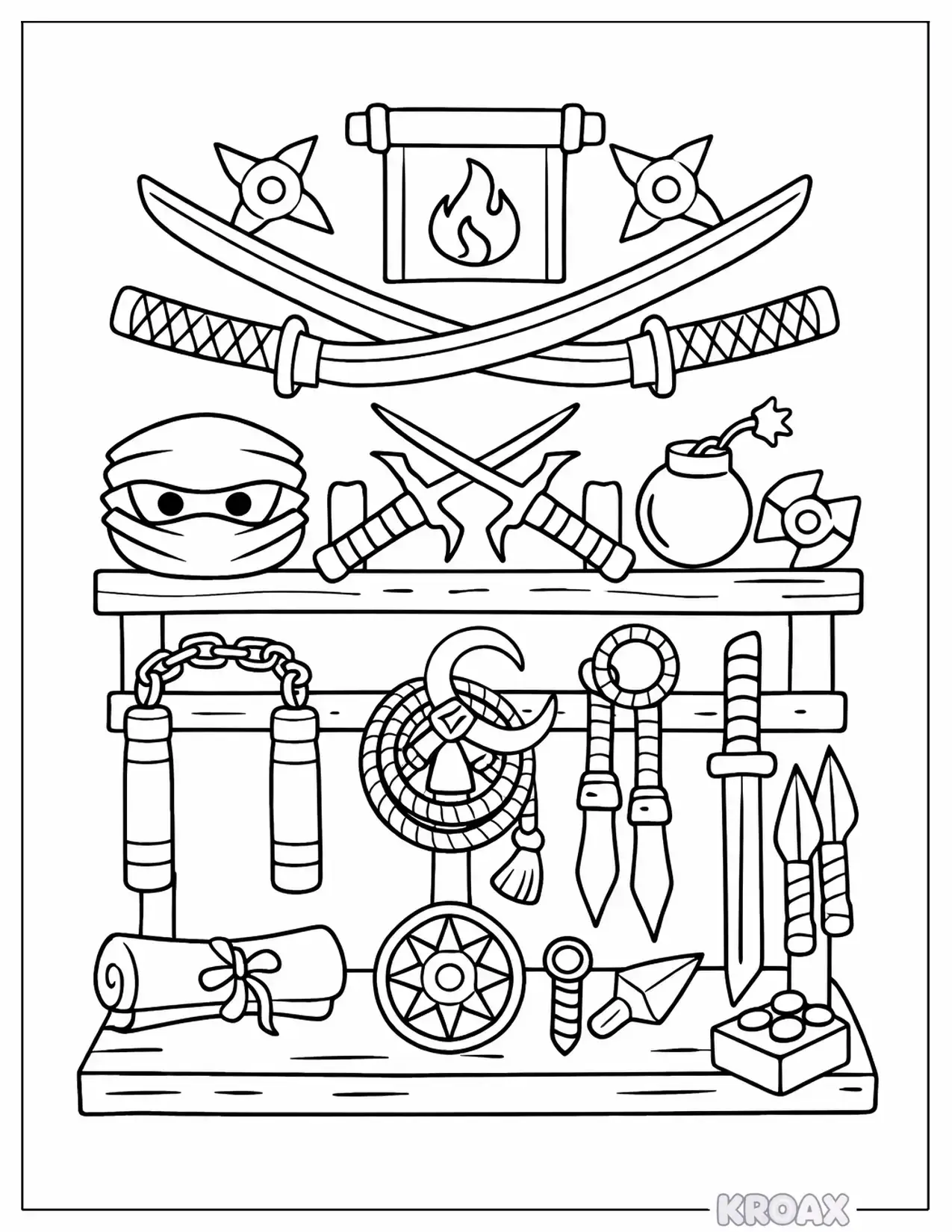 epic ninjago weapons and ninja gear printable coloring page