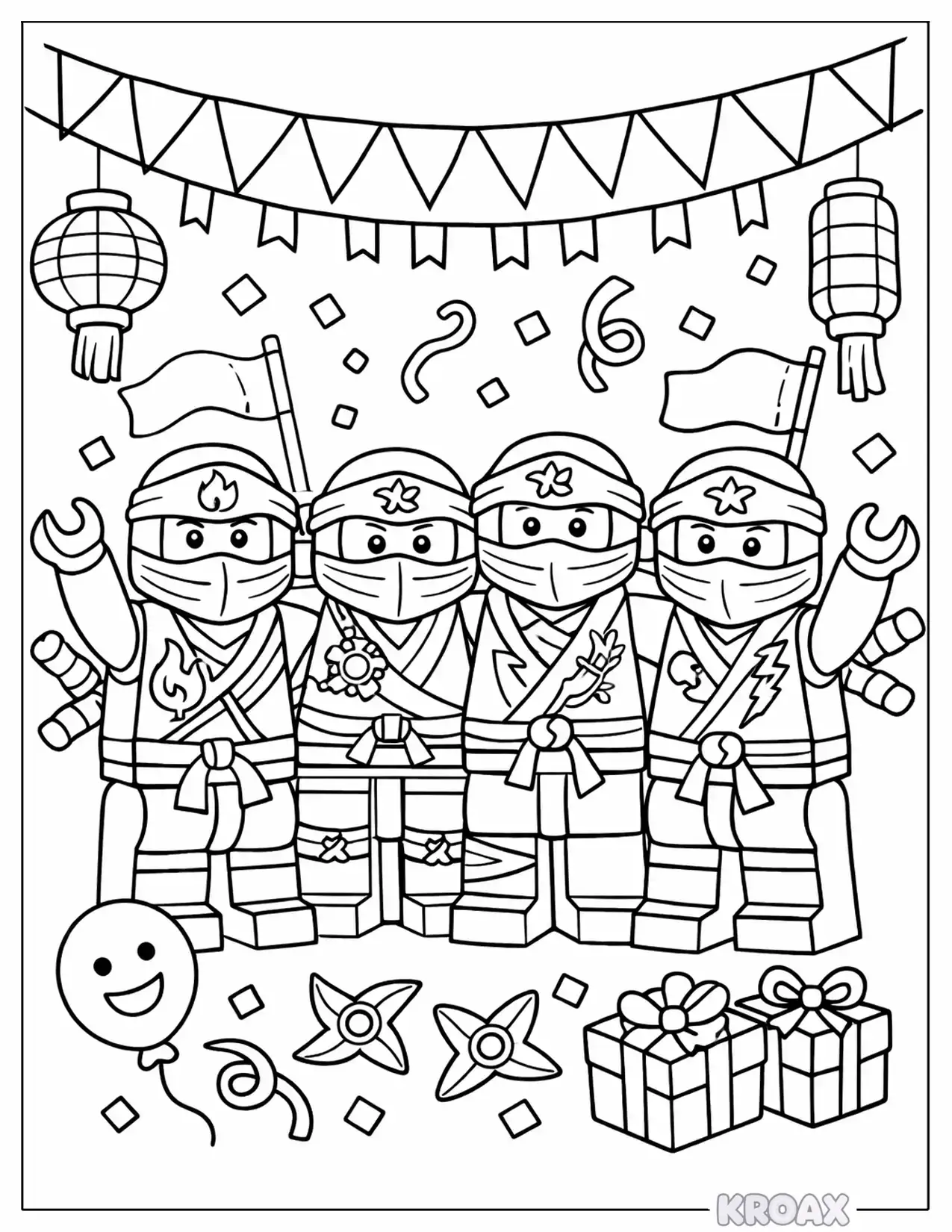 lego ninjago friends celebrating together printable coloring page