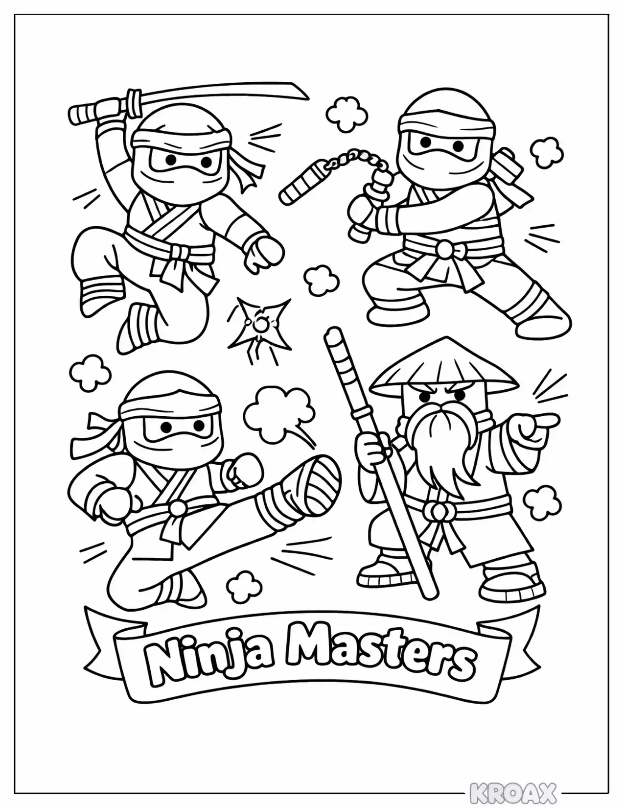 ninja masters in action pose printable coloring page