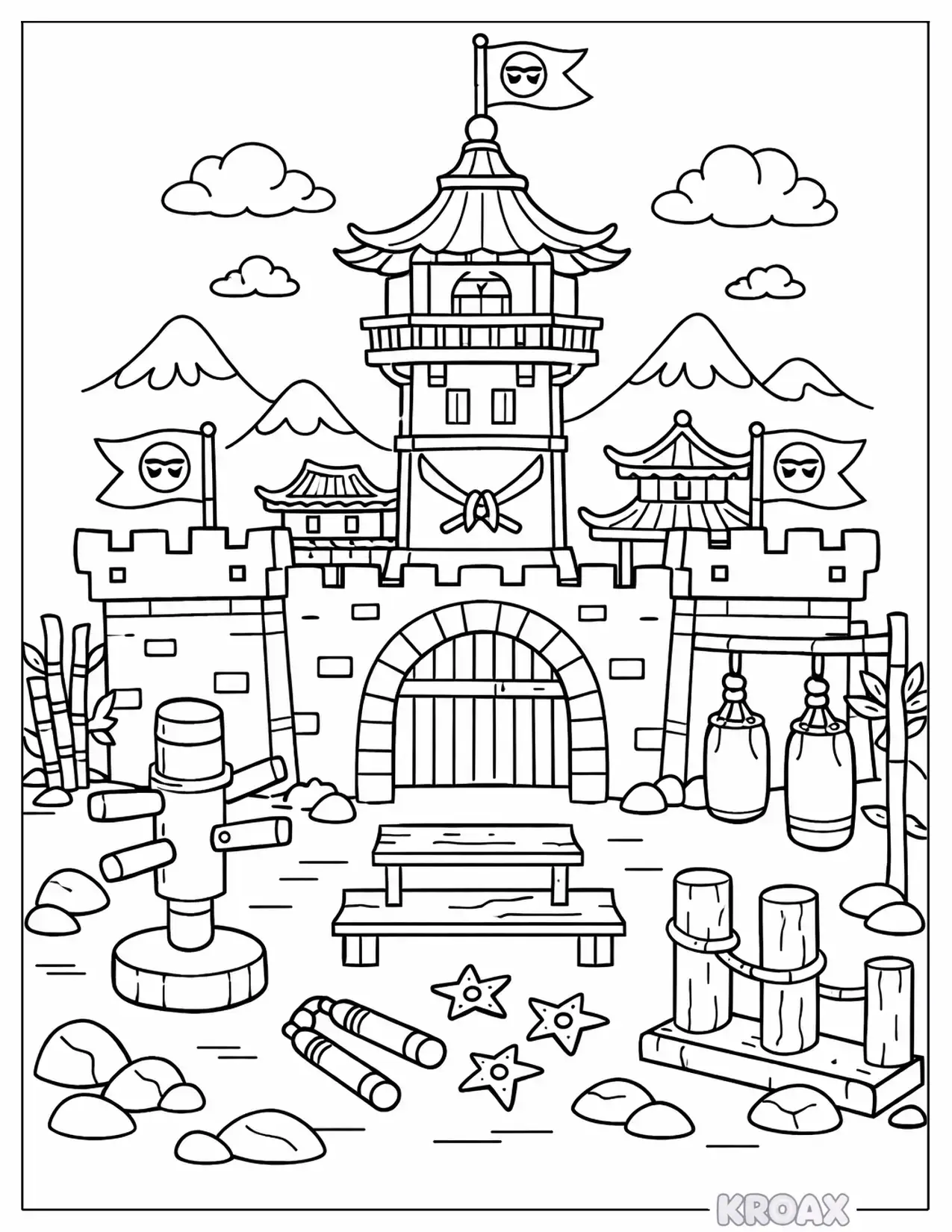 ninjago ninja fortress with watchtower printable coloring page