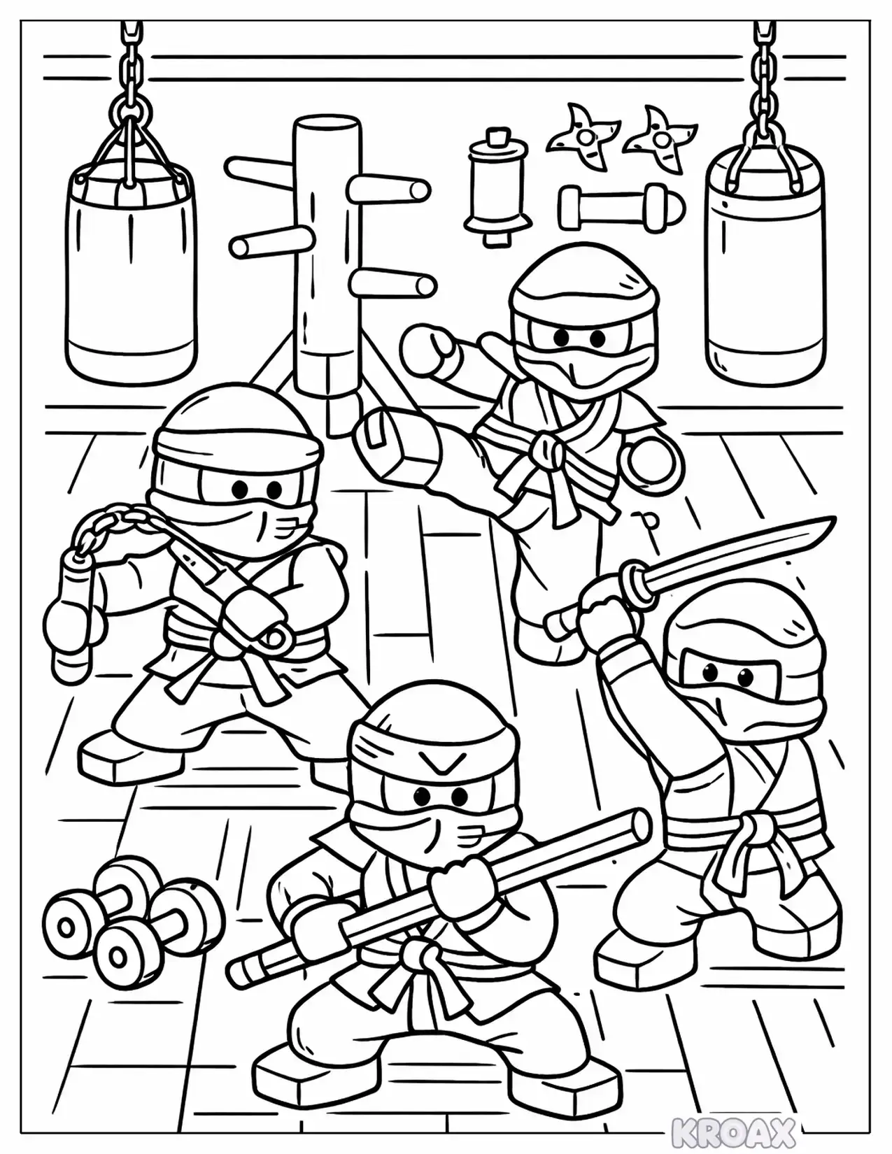 ninjago team training in the dojo printable coloring page