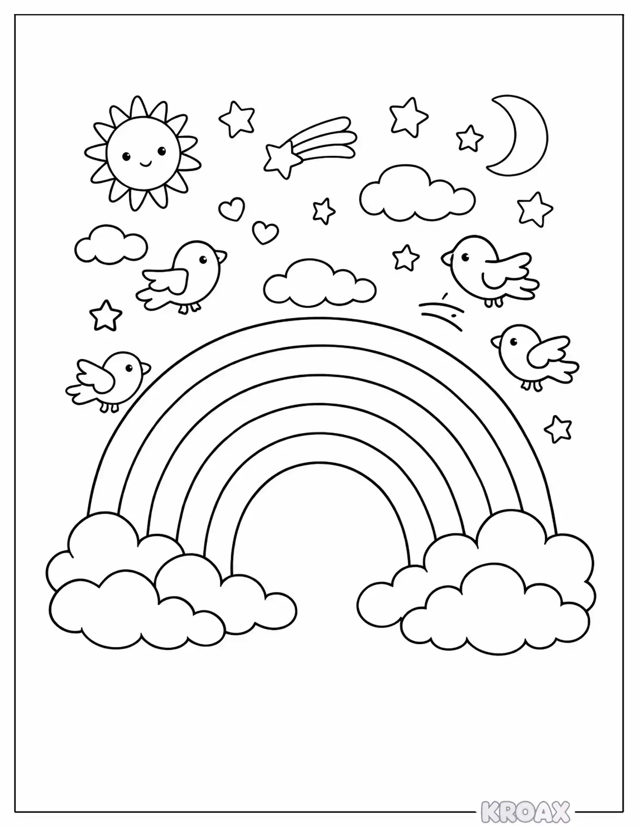 bold rainbow arch and flying birds printable coloring page