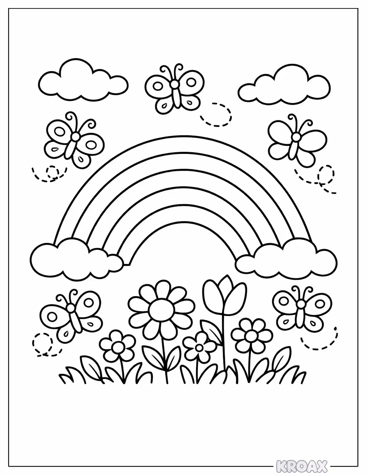 bright rainbow and cheerful butterflies printable coloring page