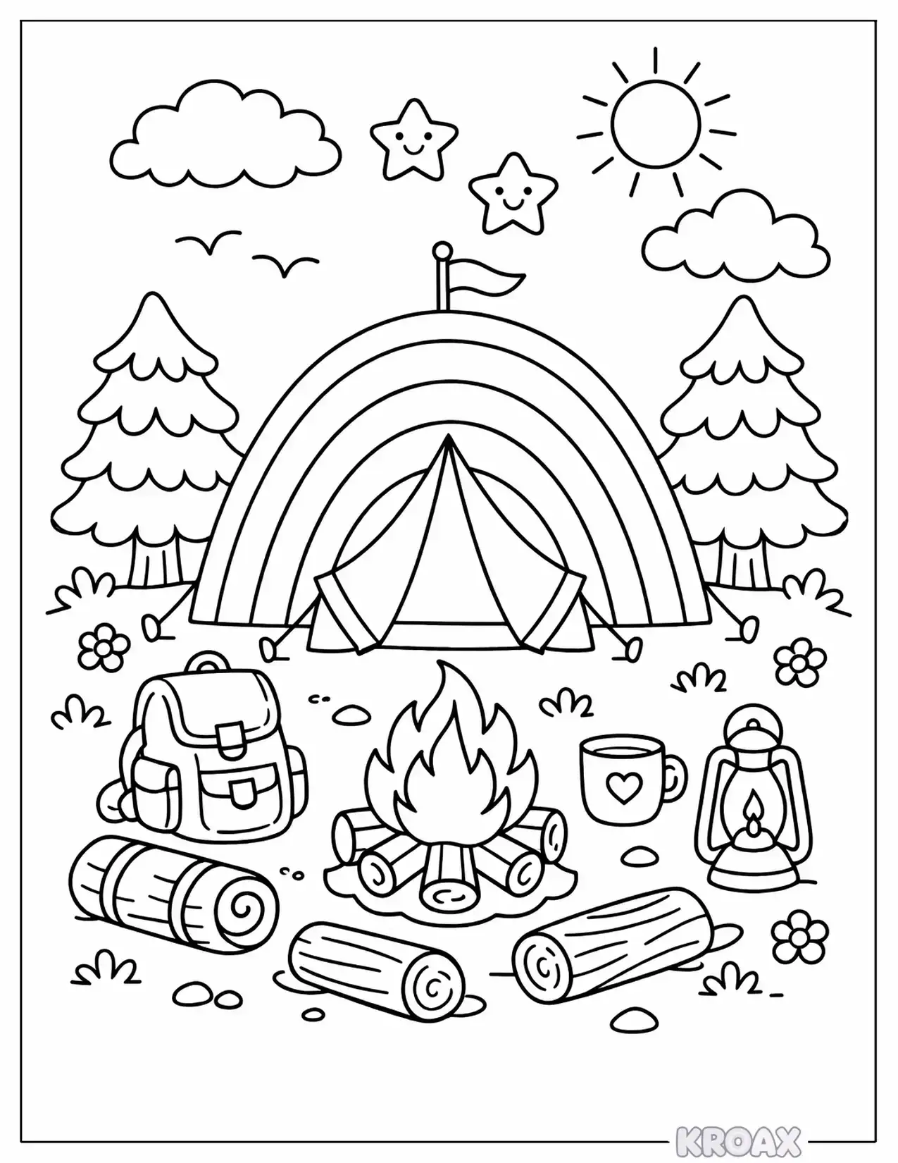 cozy rainbow tent forest camp printable coloring page