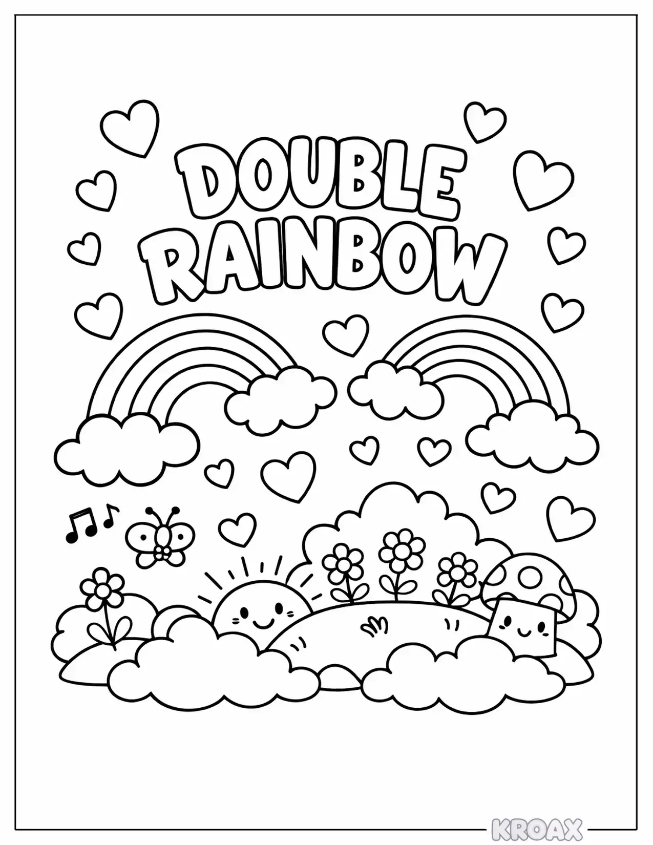 double rainbow and floating hearts printable coloring page