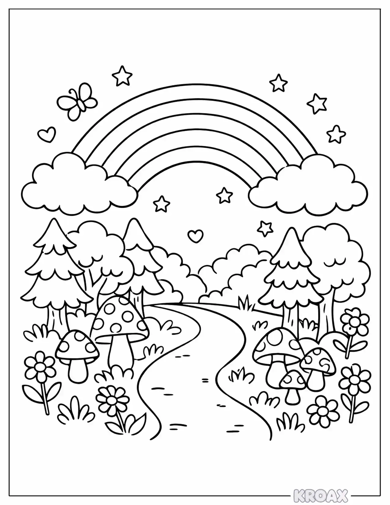 rainbow bridge over enchanted forest printable coloring page