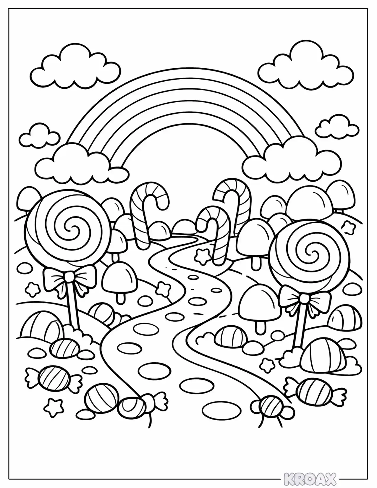 rainbow candy land with lollipops printable coloring page