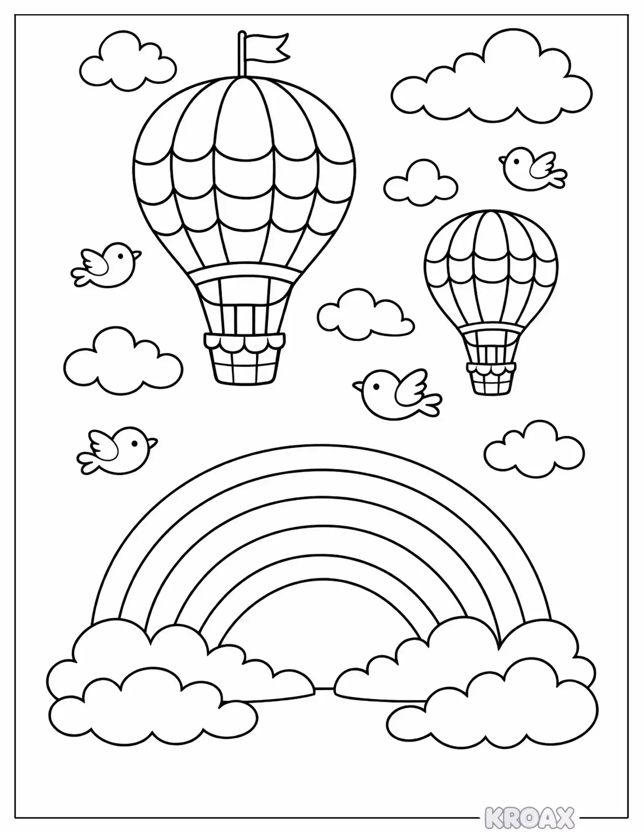 rainbow hot air balloons in the sky printable coloring page