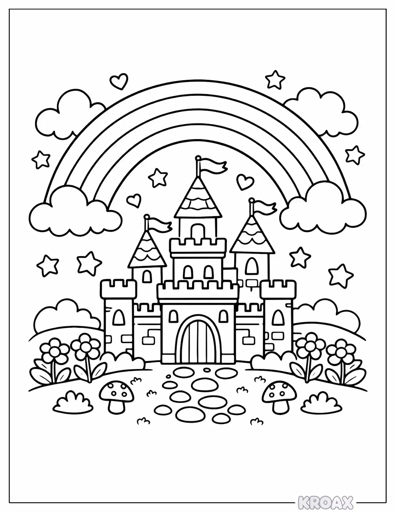 rainbow over magical castle printable coloring page