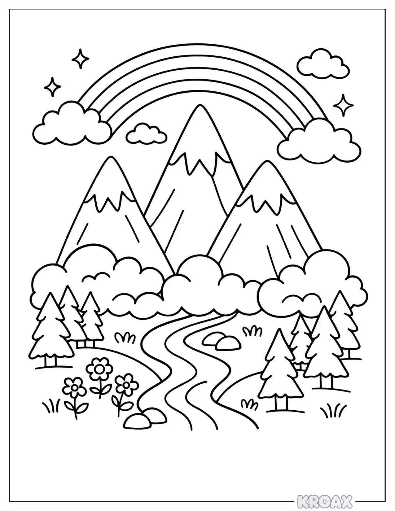rainbow over mountain peaks printable coloring page