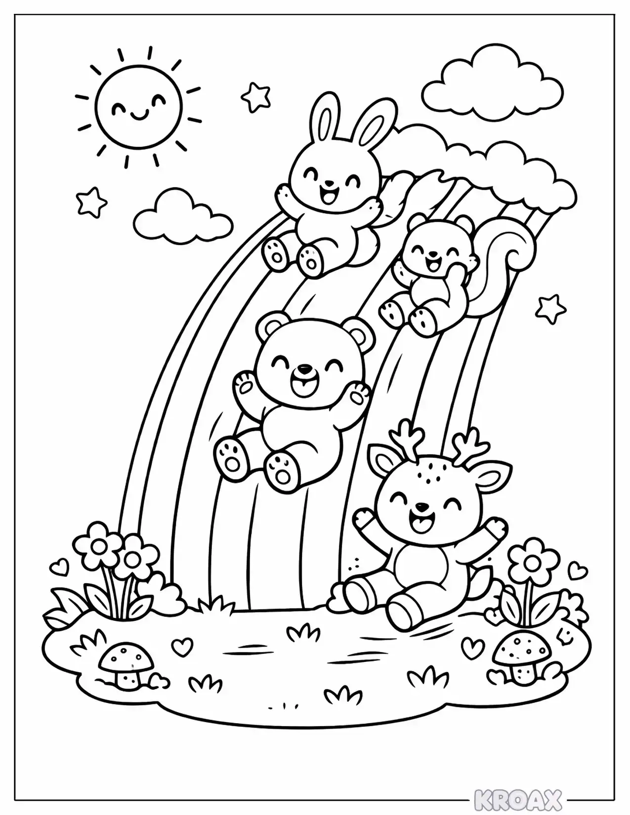 rainbow slide with playful animals printable coloring page
