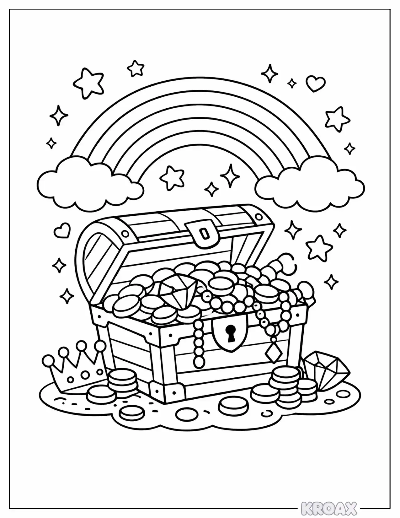 rainbow treasure chest with gold coins printable coloring page