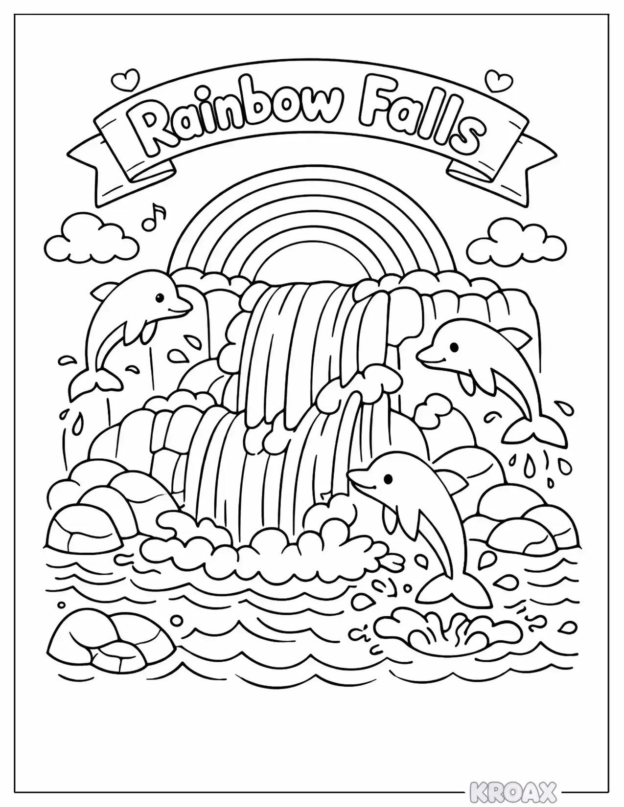 rainbow waterfall with playful dolphins printable coloring page