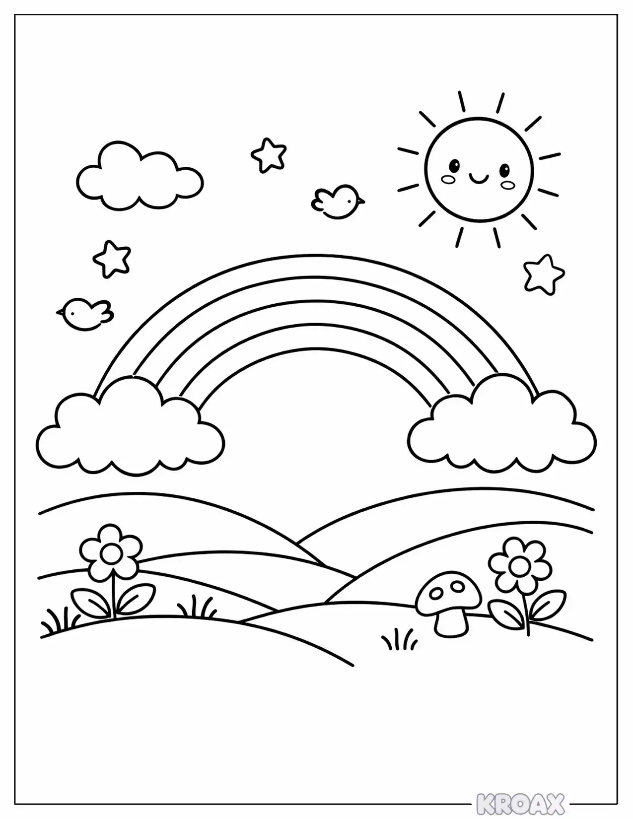 simple rainbow with friendly clouds printable coloring page