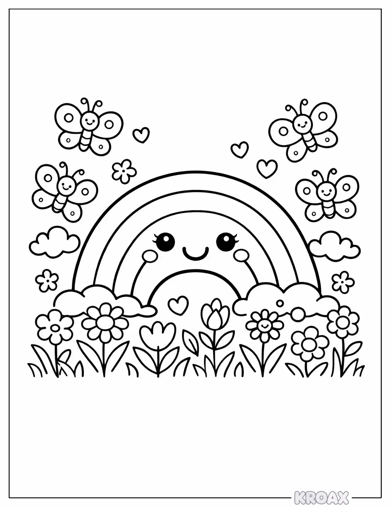 smiling rainbow character with butterflies printable coloring page