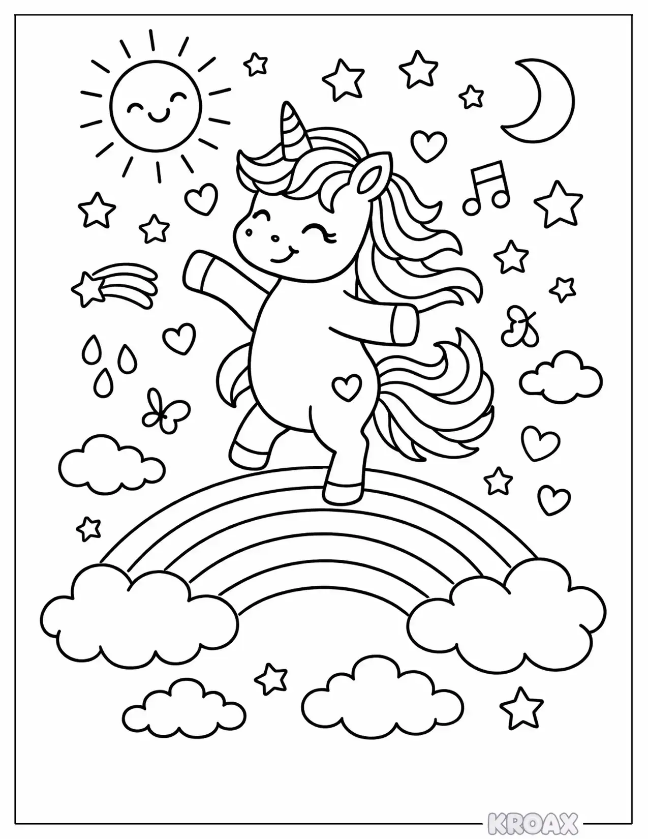 unicorn dancing on rainbow bridge printable coloring page