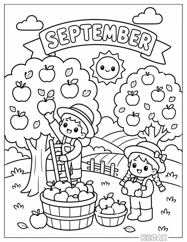 apple orchard harvest time printable coloring page