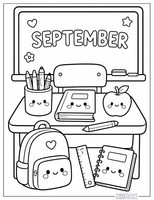 back to school classroom scene with supplies printable coloring page
