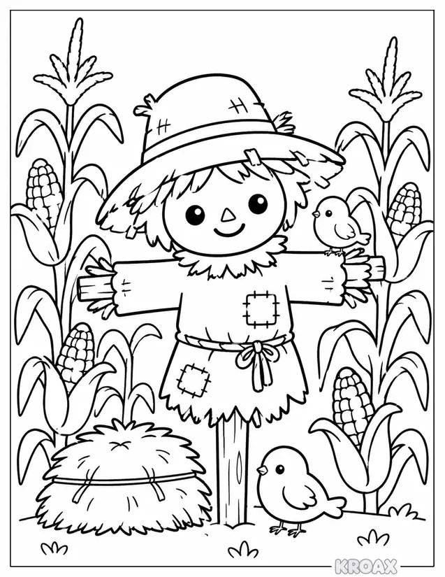 cheerful scarecrow in the cornfield printable coloring page