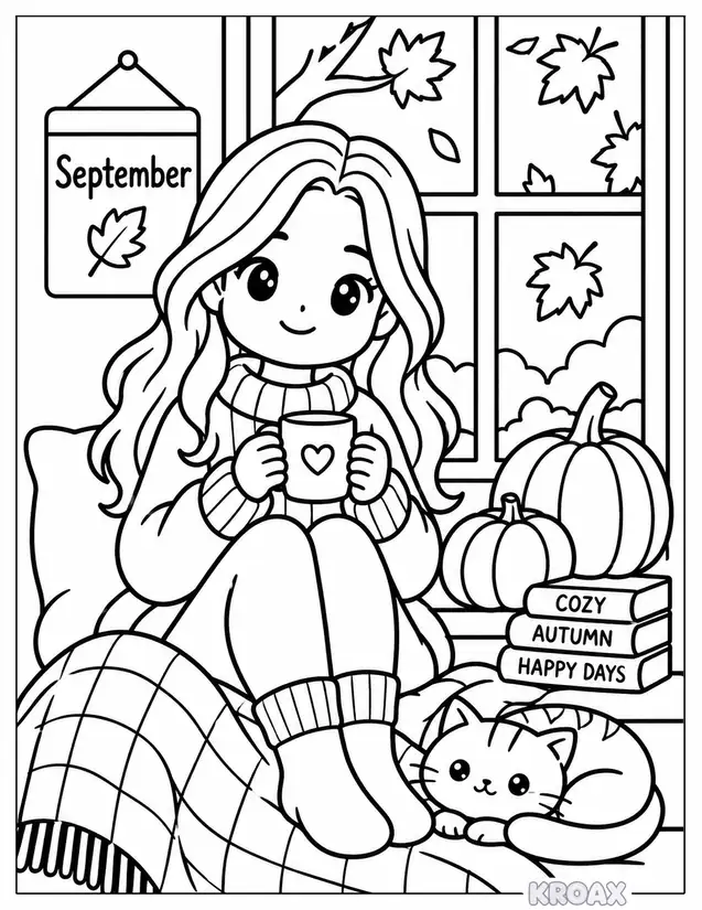 cozy autumn scenes and sweaters printable coloring page