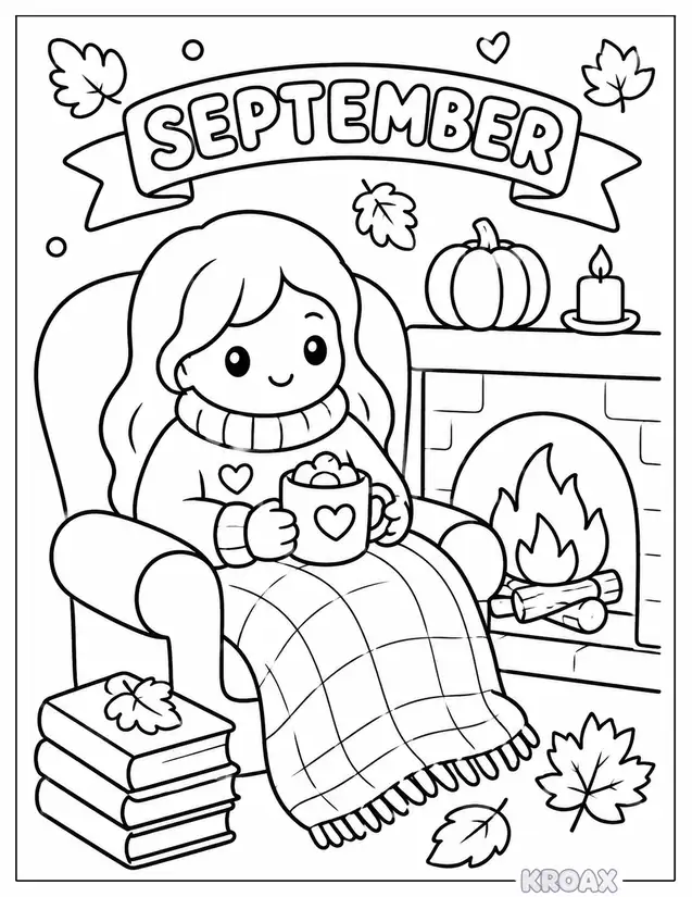 cozy hot cocoa and autumn reads printable coloring page