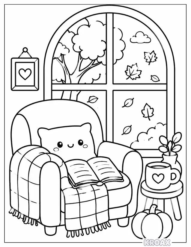 cozy reading nook with autumn window printable coloring page