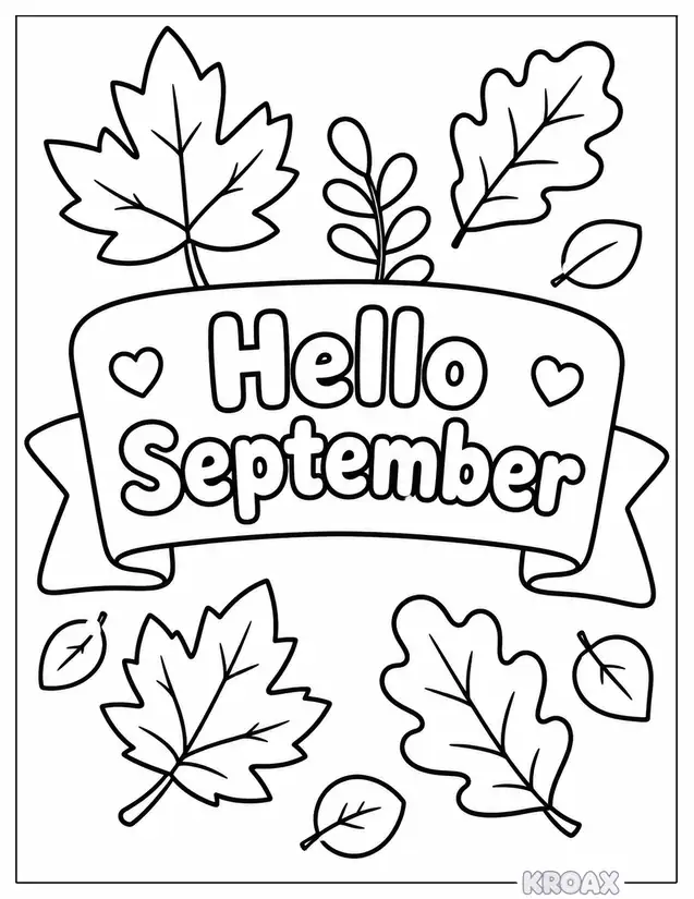 hello september with fall leaves printable coloring page