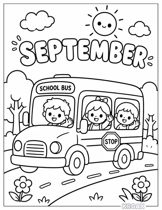 school bus full of happy friends printable coloring page