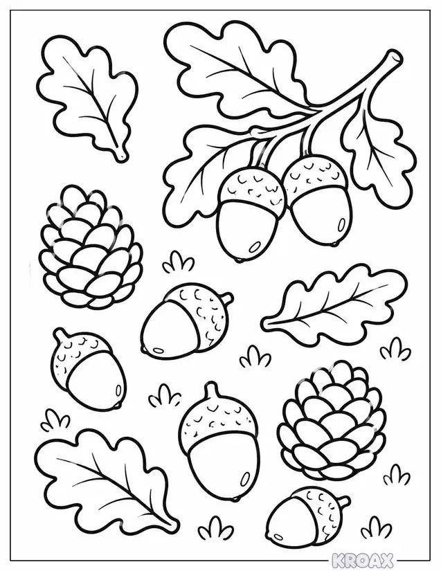 september acorns and pine cones printable coloring page