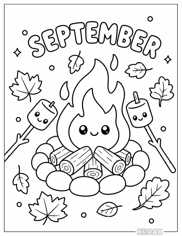 september bonfire with roasting marshmallows printable coloring page