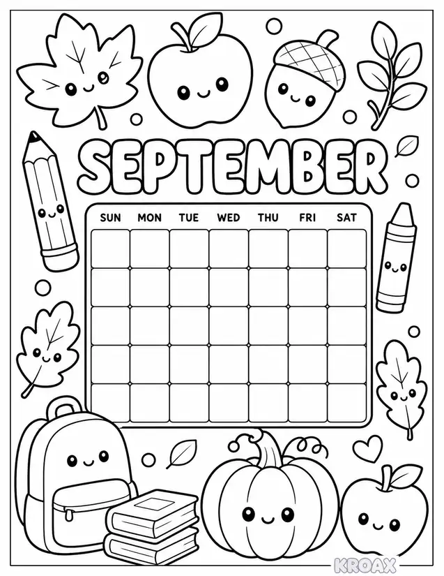 september calendar with seasonal decorations printable coloring page