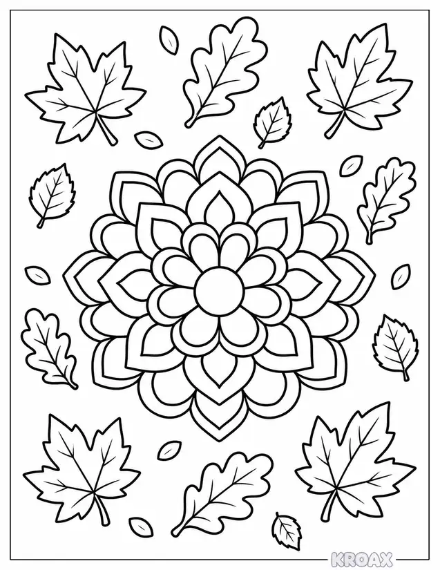september mandala with falling leaves printable coloring page