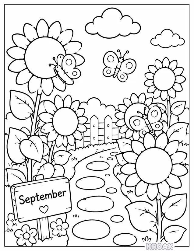 sunflower garden with butterflies printable coloring page