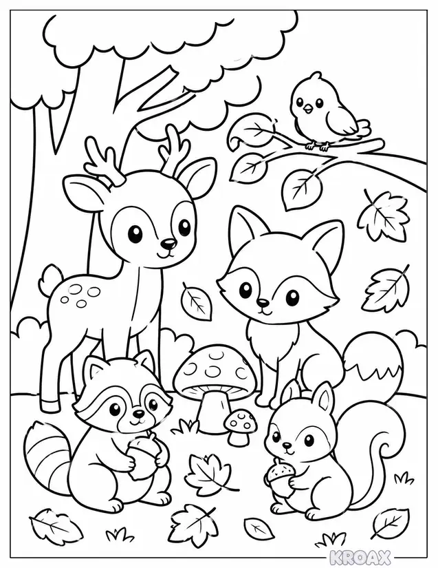 woodland creatures gathering scene printable coloring page
