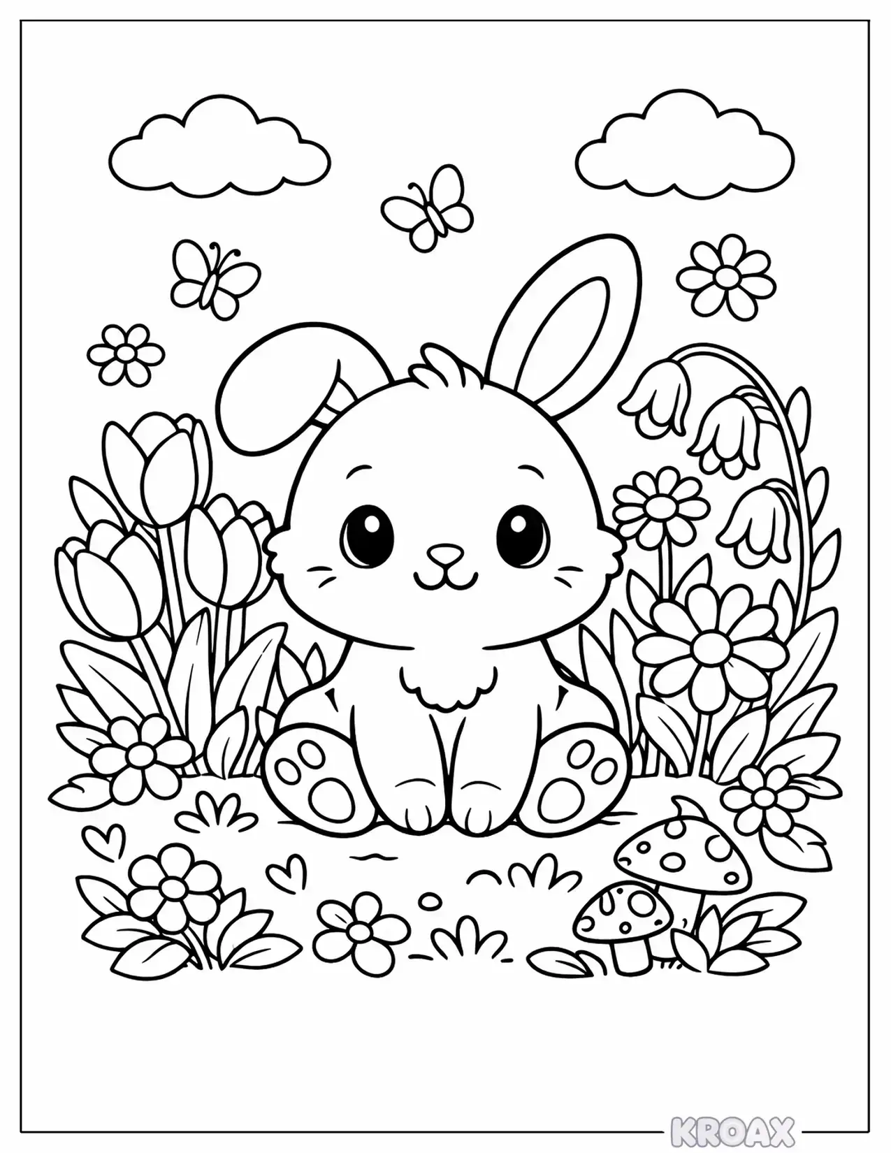 baby bunny in spring garden printable coloring page