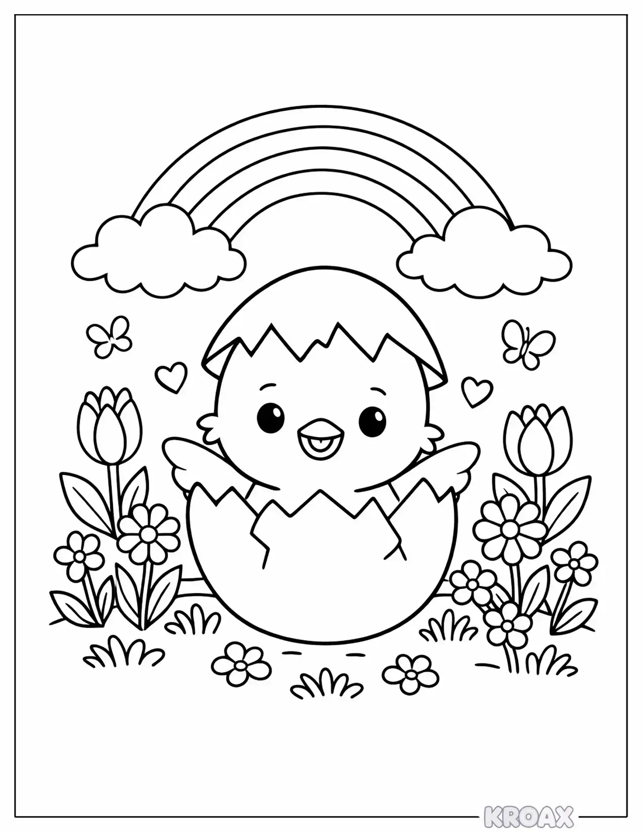 baby chick hatching under rainbow printable coloring page