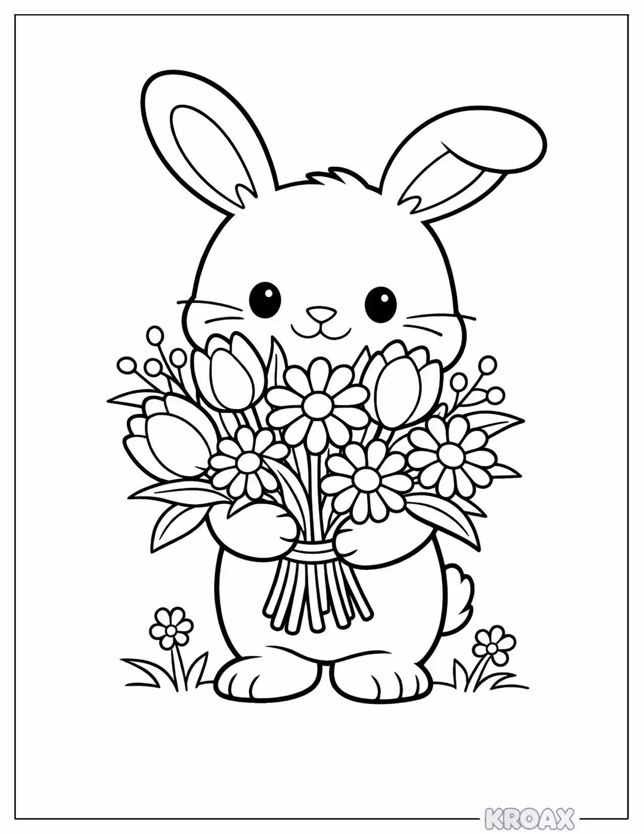 bunny with spring flower bouquet printable coloring page