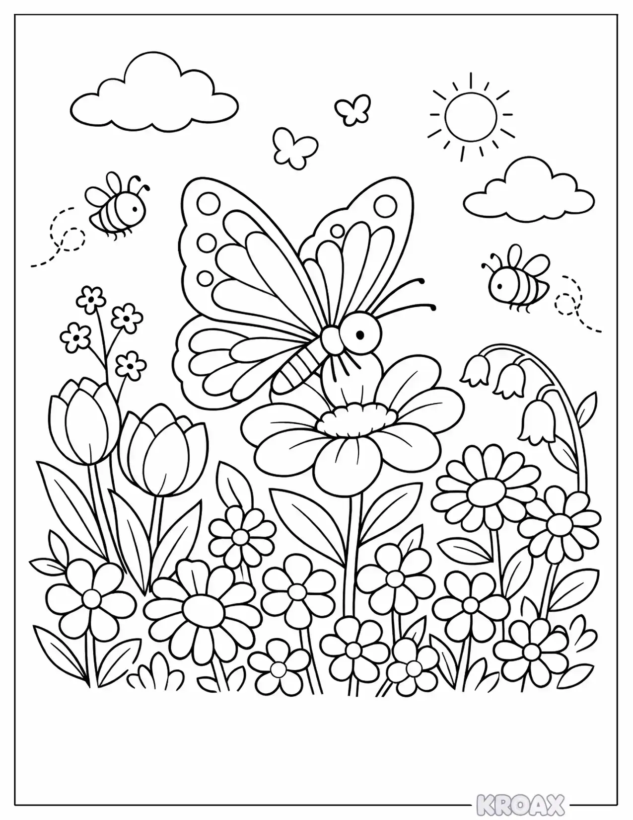 butterfly and flowers blooming together printable coloring page