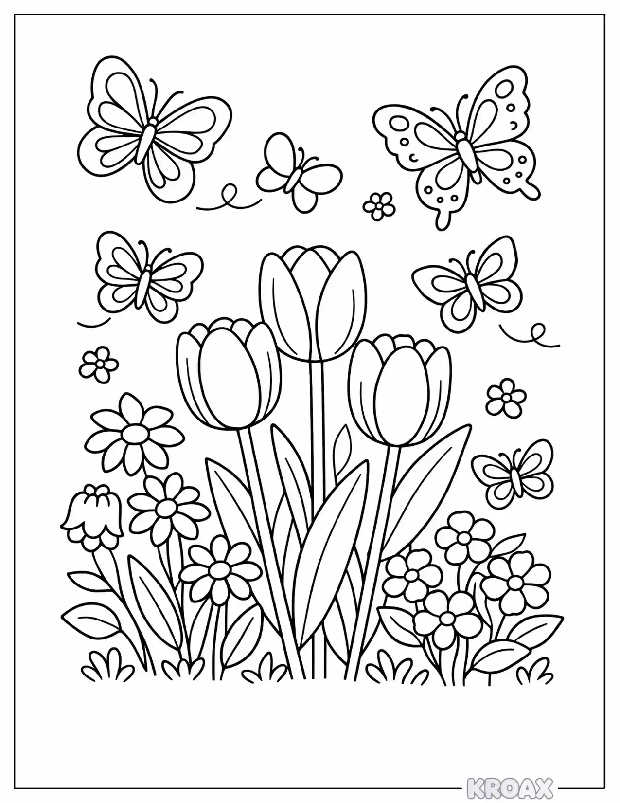 butterfly garden with blooming tulips printable coloring page