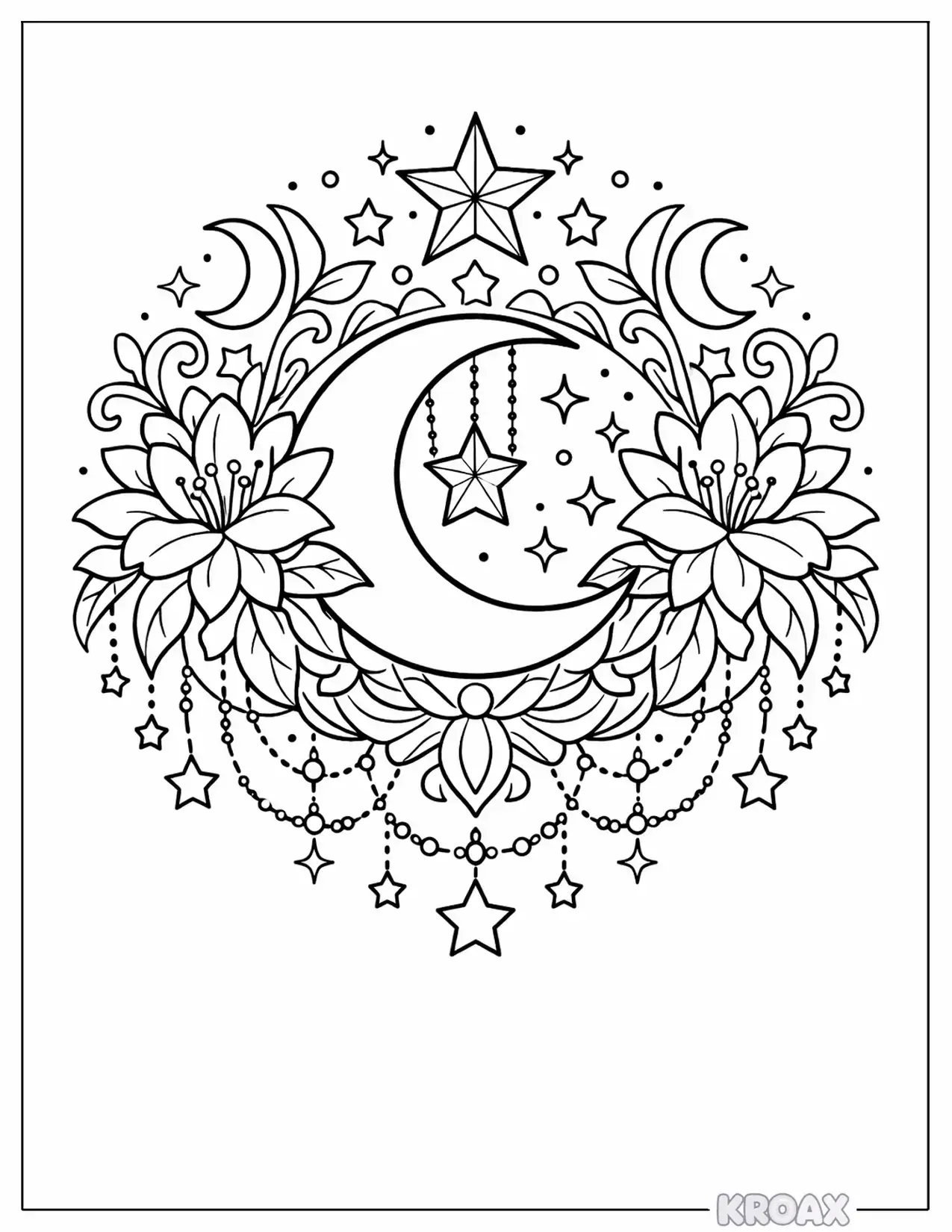 celestial spring mandala surrounded by night blooming flowers printable coloring page