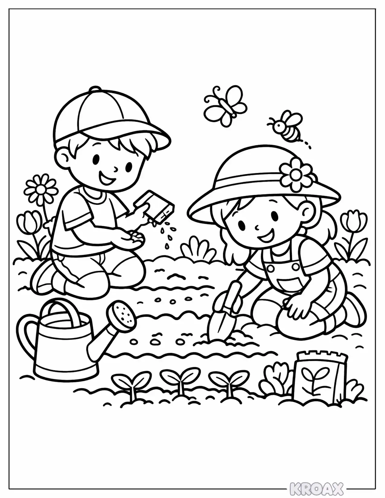 children planting seeds in garden with watering can printable coloring page