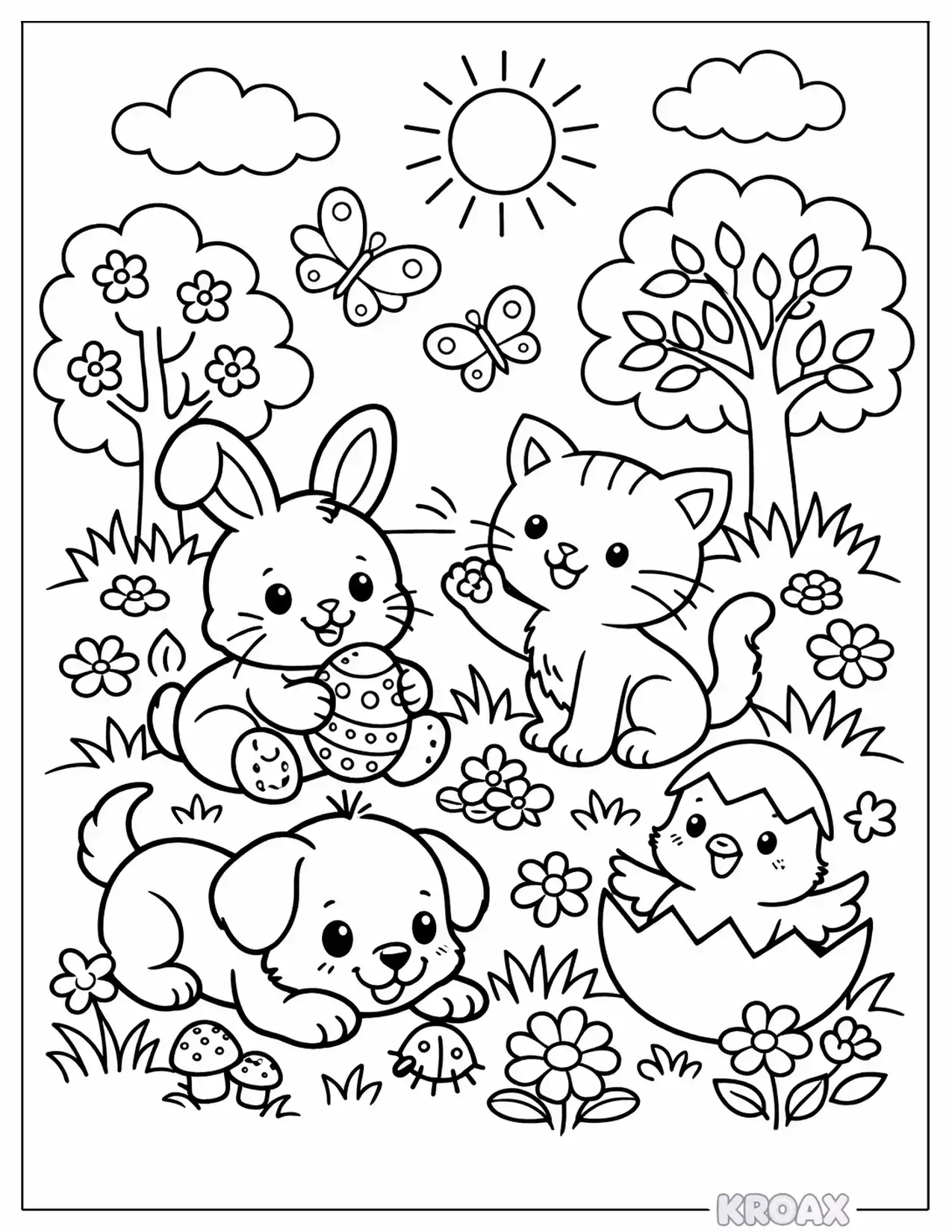 cute baby animal friends playing together printable coloring page
