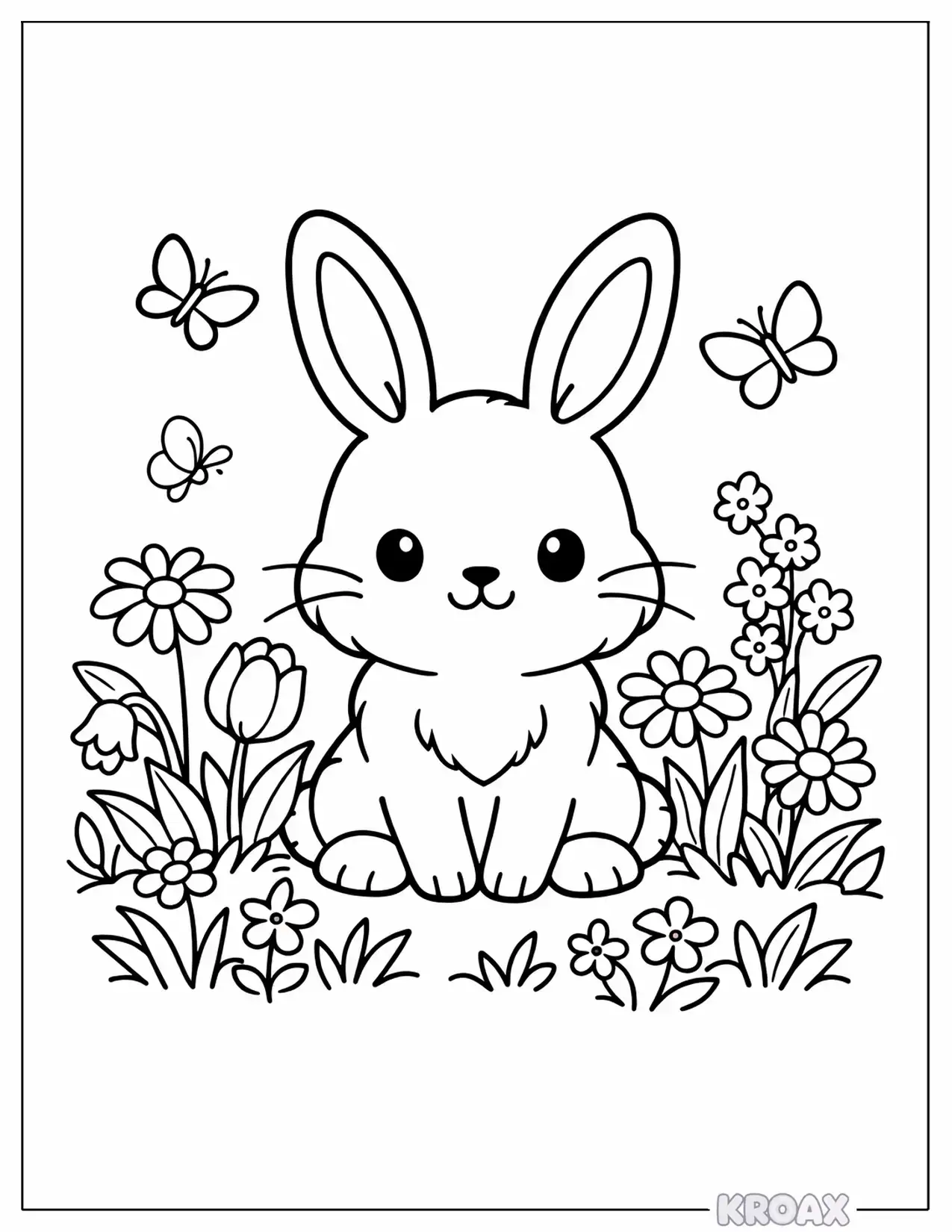 cute rabbit in wildflower meadow printable coloring page