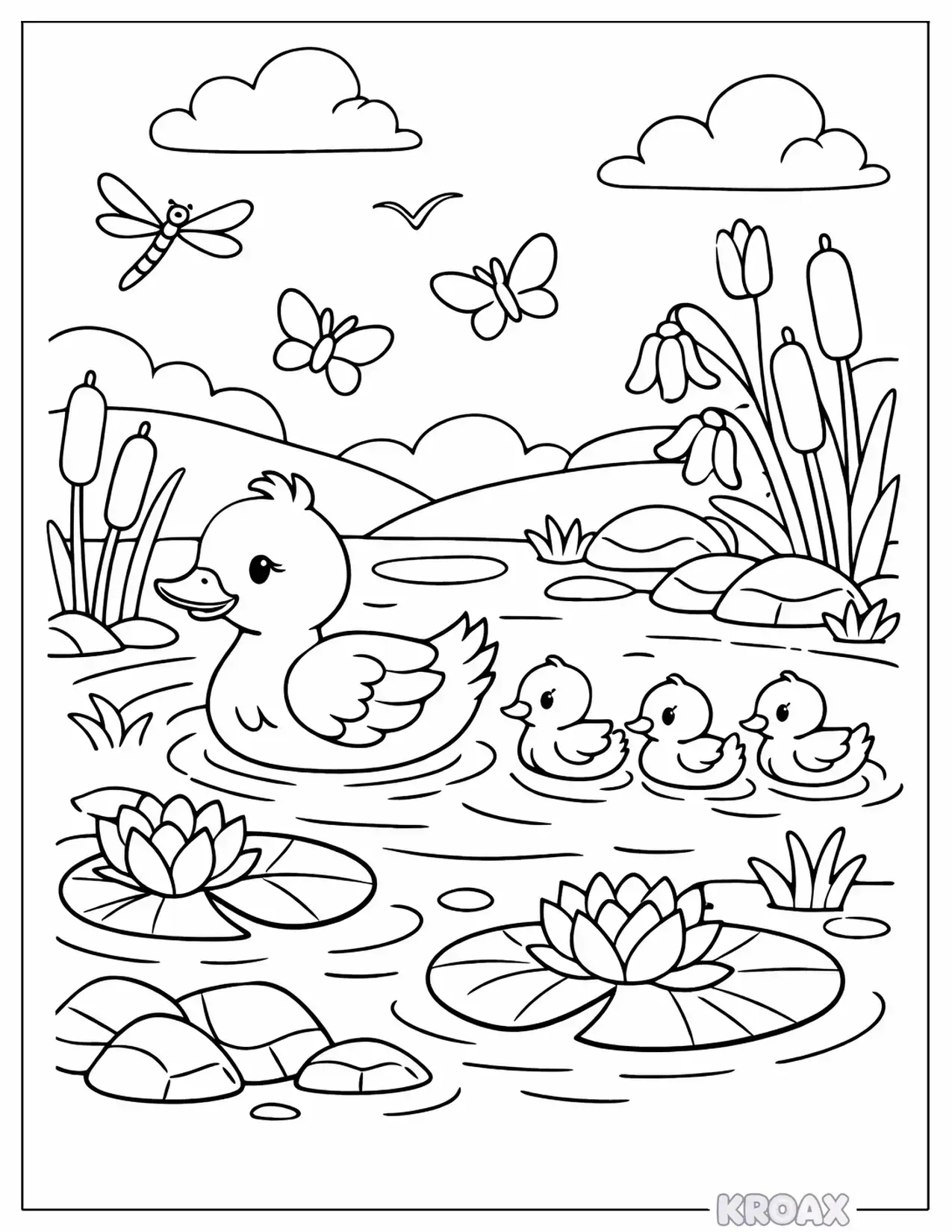 duckling family swimming in spring creek printable coloring page