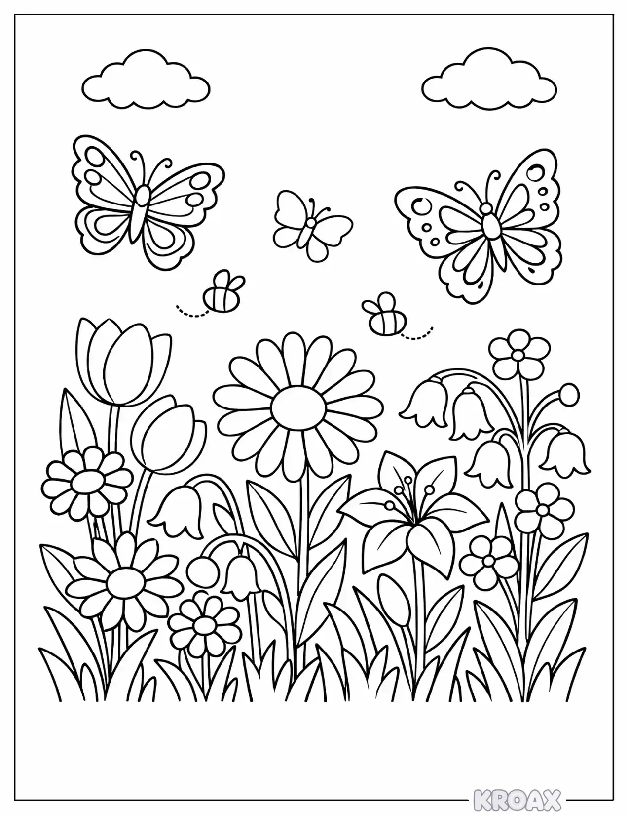 easy spring flower garden with butterflies printable coloring page