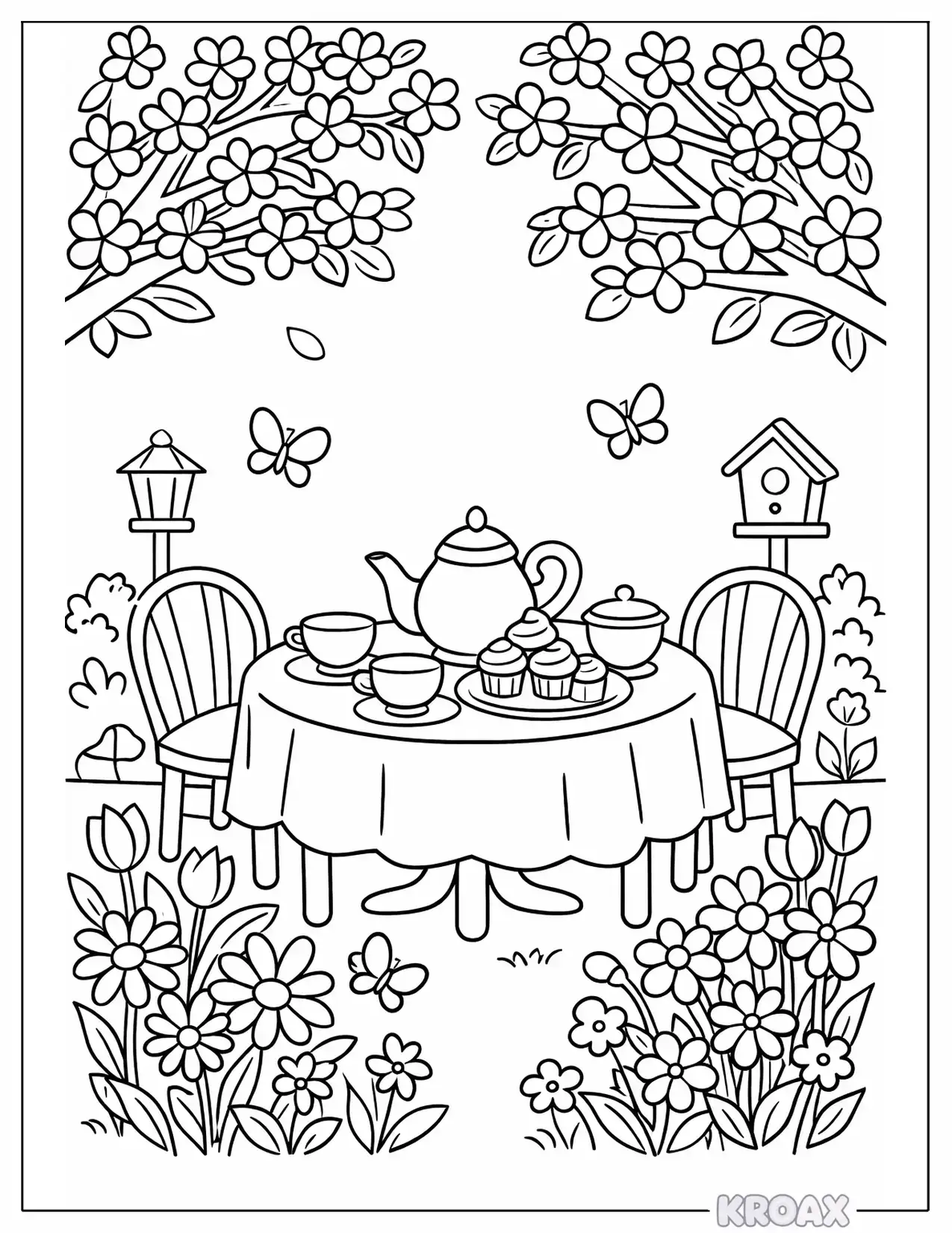 enchanted garden tea party under blossoms printable coloring page