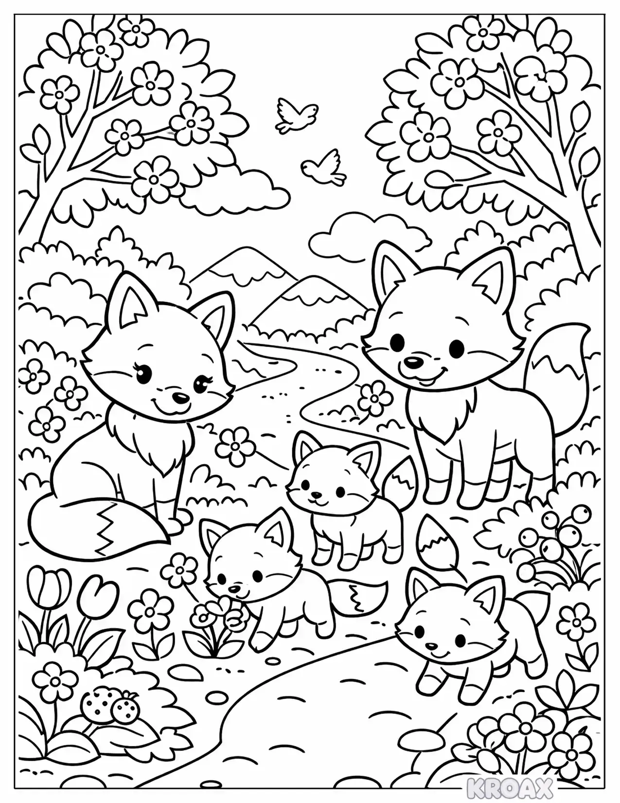 fox family exploring springtime forest trail printable coloring page
