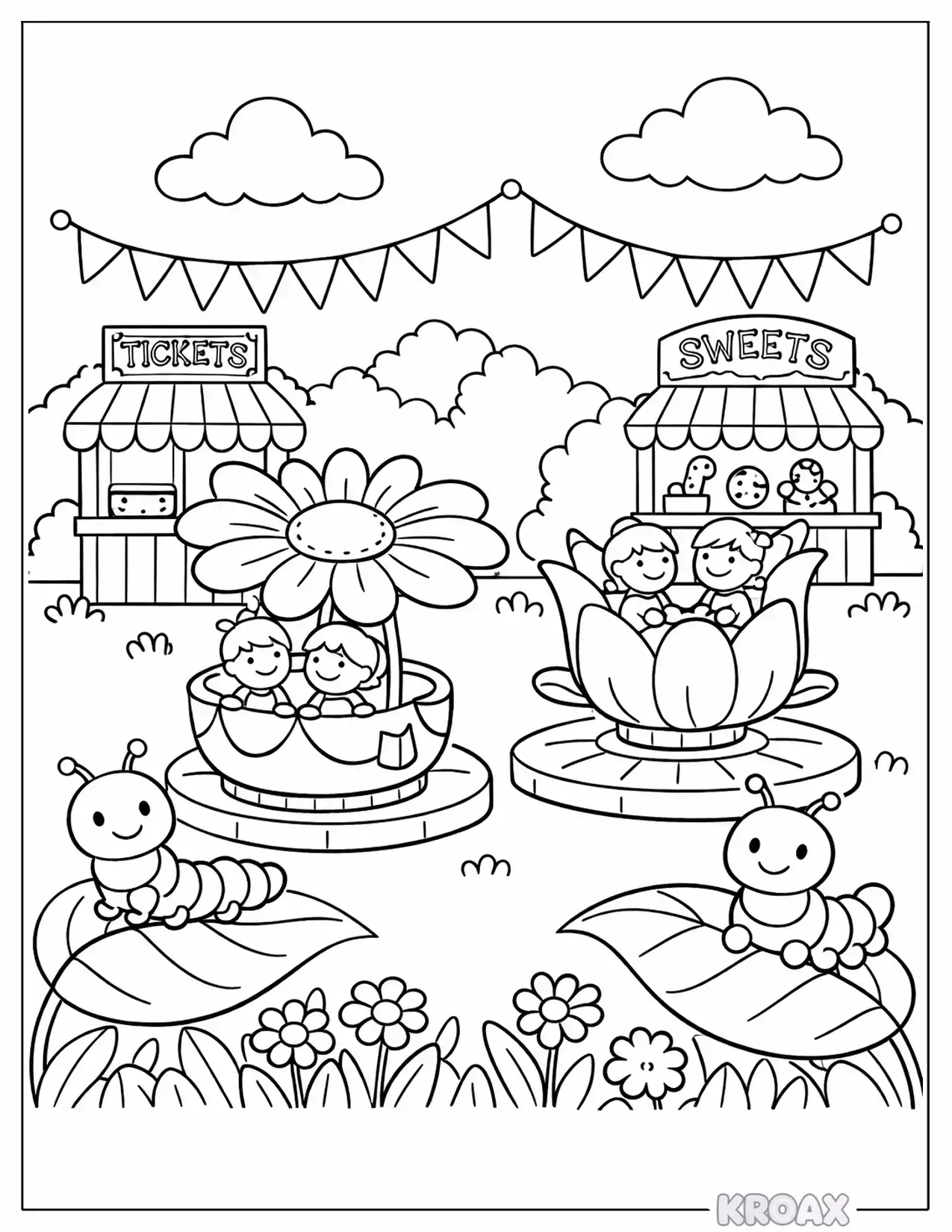 garden carnival with spinning flowers and caterpillars printable coloring page