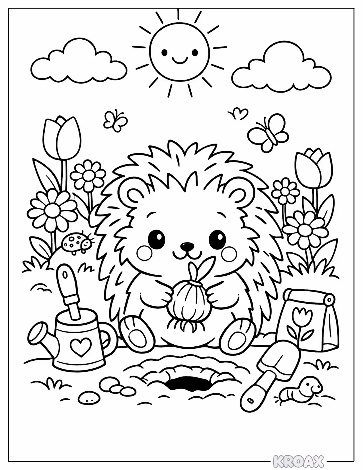 kawaii hedgehog planting spring flowers printable coloring page